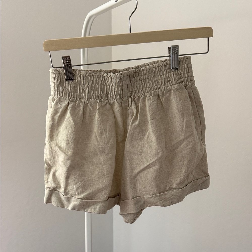 Reformation High-Waist Elastic Linen Shorts in Beige